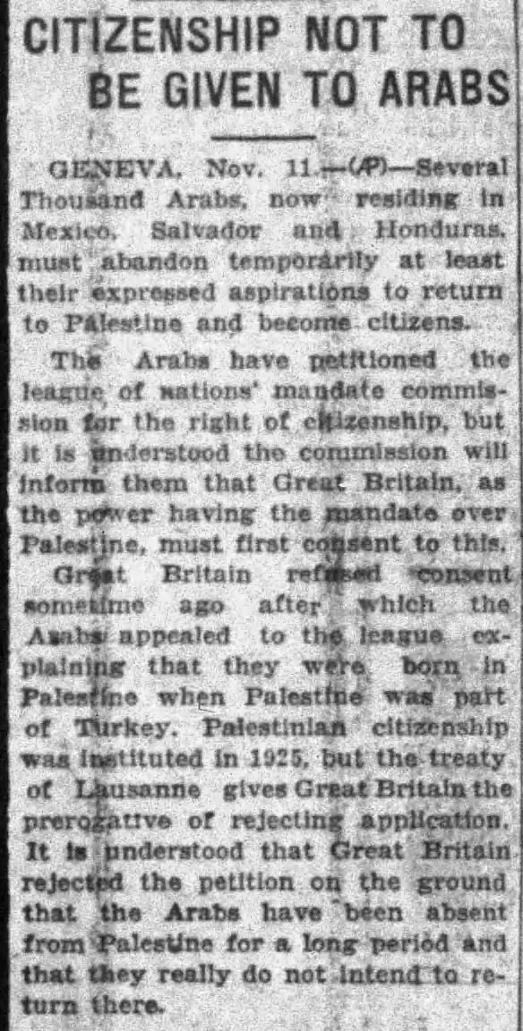 Citizenship Not To Be Given To Arabs — The Enid Daily Eagle, 11 November 1927