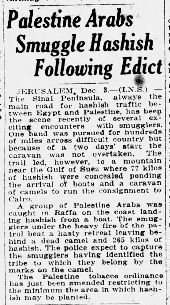Palestine Arabs Smuggle Hashish Following Edict — Birmingham Post Herald, 4 December 1927