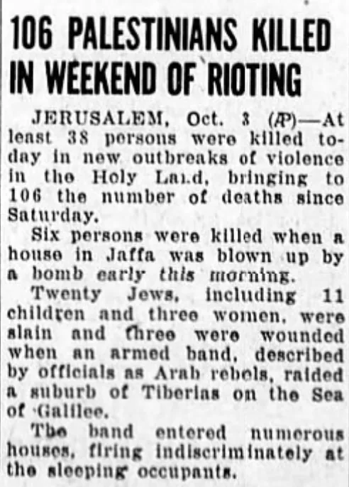106 PALESTINIANS KILLED IN WEEKEND OF RIOTING &mdash; Evening Herald, 3 October 1938