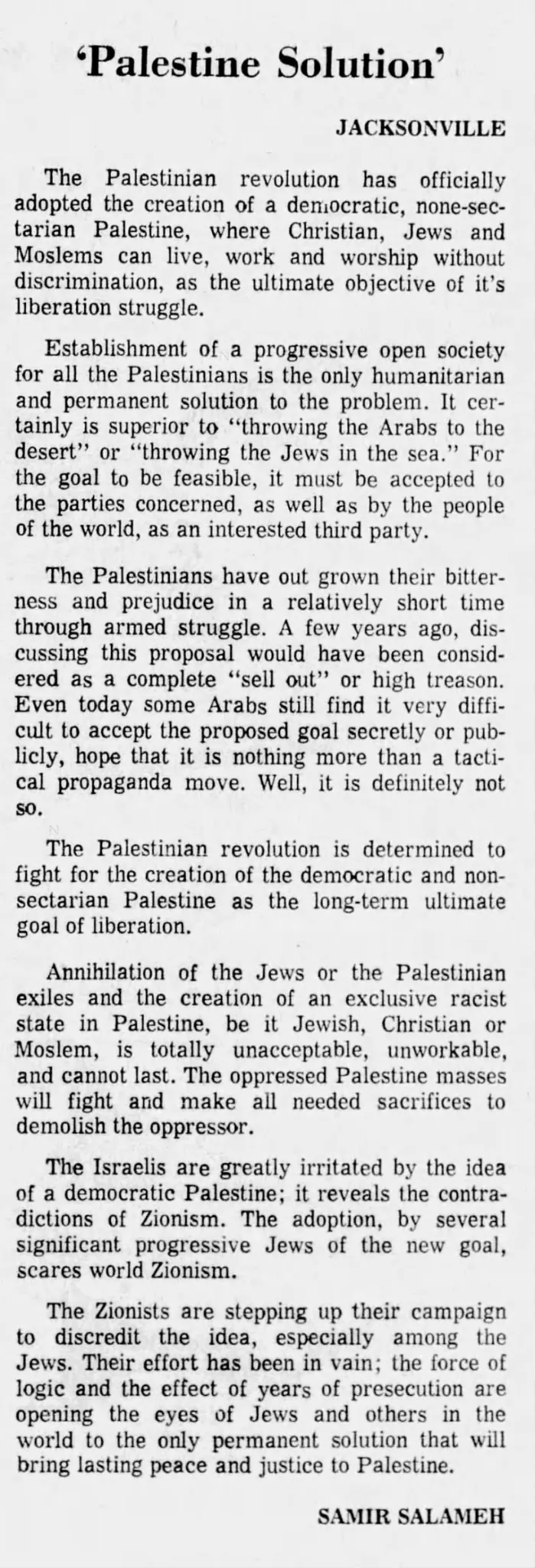 ‘Palestine Solution’ — Florida Times Union, 2 August 1970