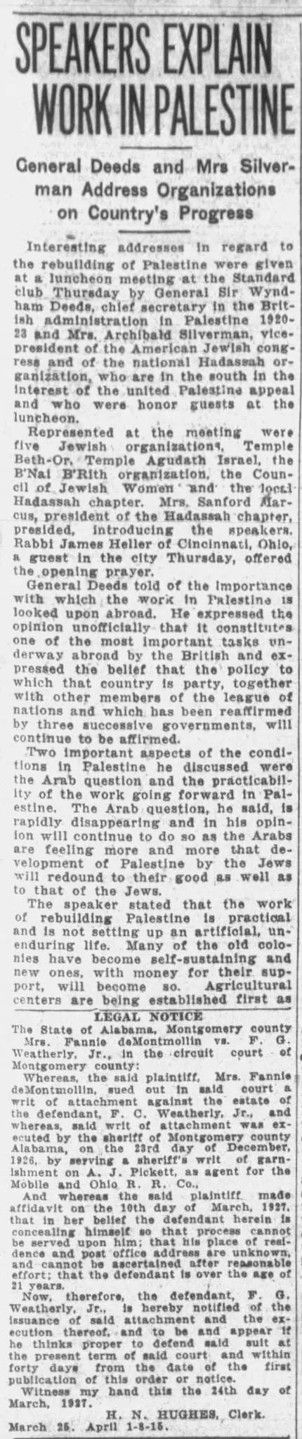 Speakers Explain Work In Palestine — Montgomery Advertiser, 25 May 1927