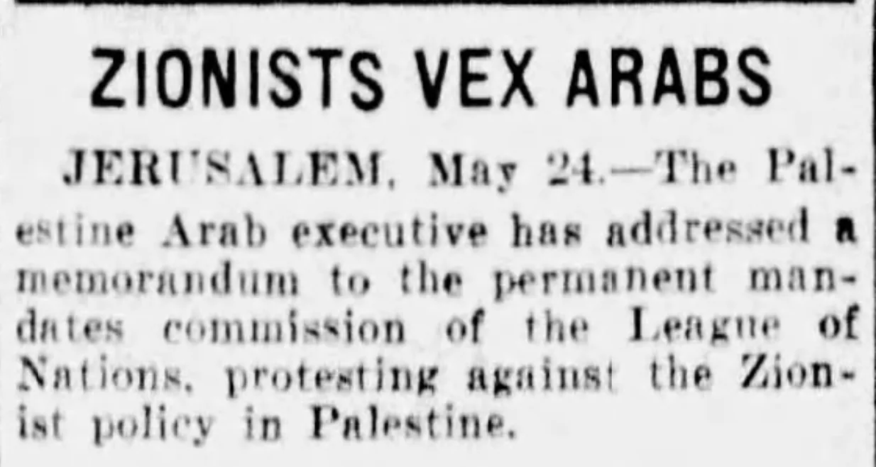 Zionists Vex Arabs — Fort Worth Record-Telegram, 25 May 1927