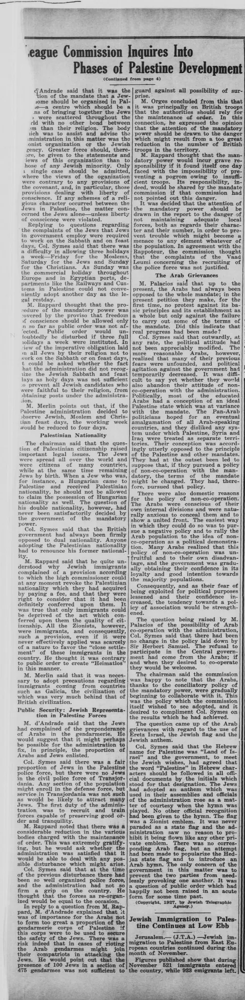 League Commission Inquires Into Phases of Palestine Development — Wisconsin Jewish Chronicle, 7 January 1927