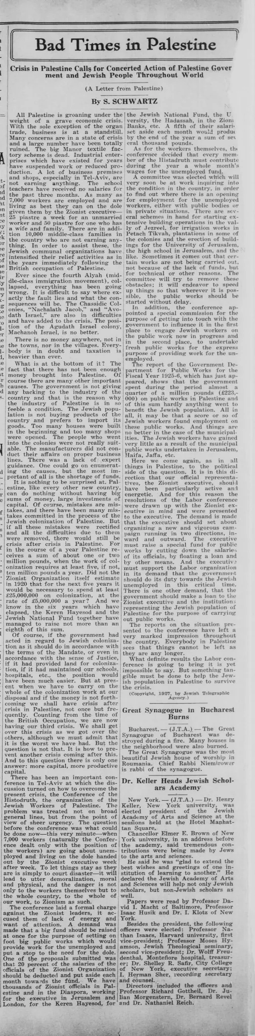Bad Times in Palestine — Wisconsin Jewish Chronicle, 24 June 1927