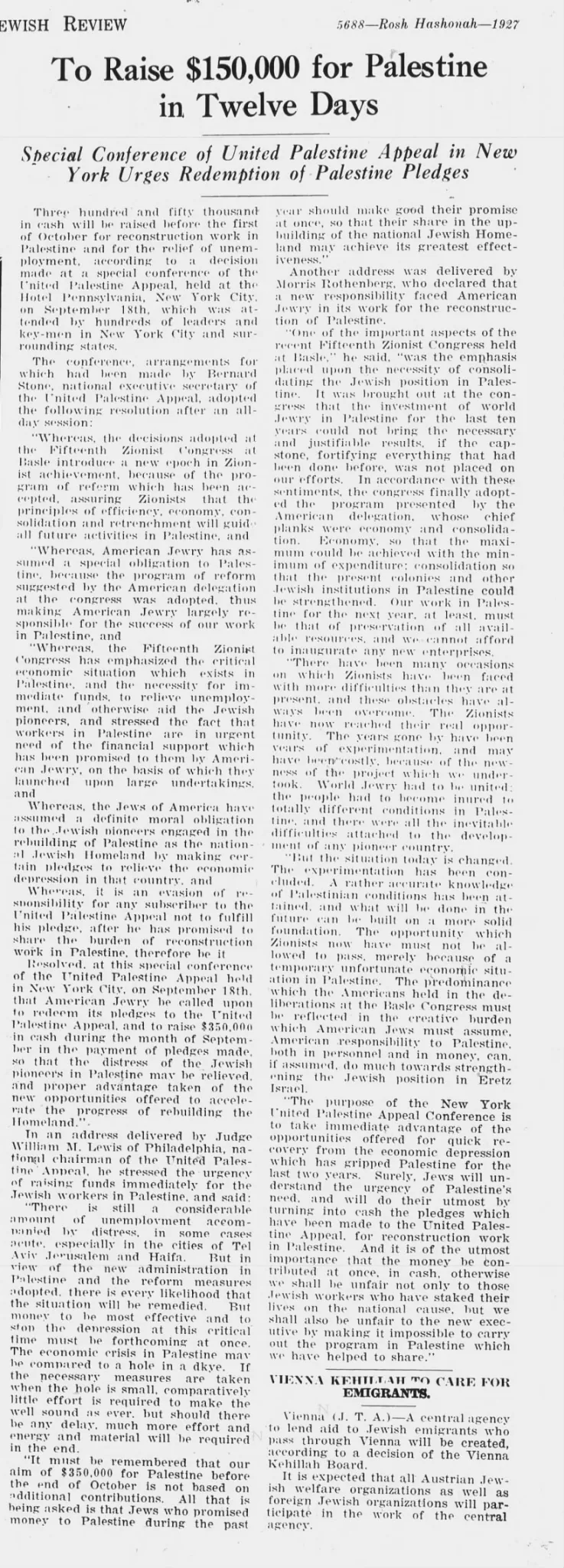 To Raise $150,000 for Palestine in Twelve Days — Buffalo Jewish Review, 23 September 1927