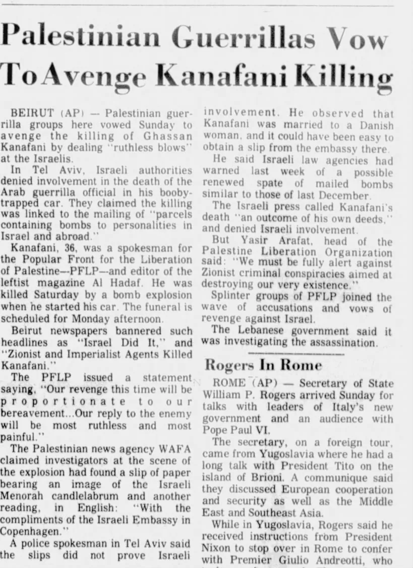 Palestinian Guerrillas Vow To Avenge Kanafani Killing — Daytona Beach Morning Journal, 10 July 1972