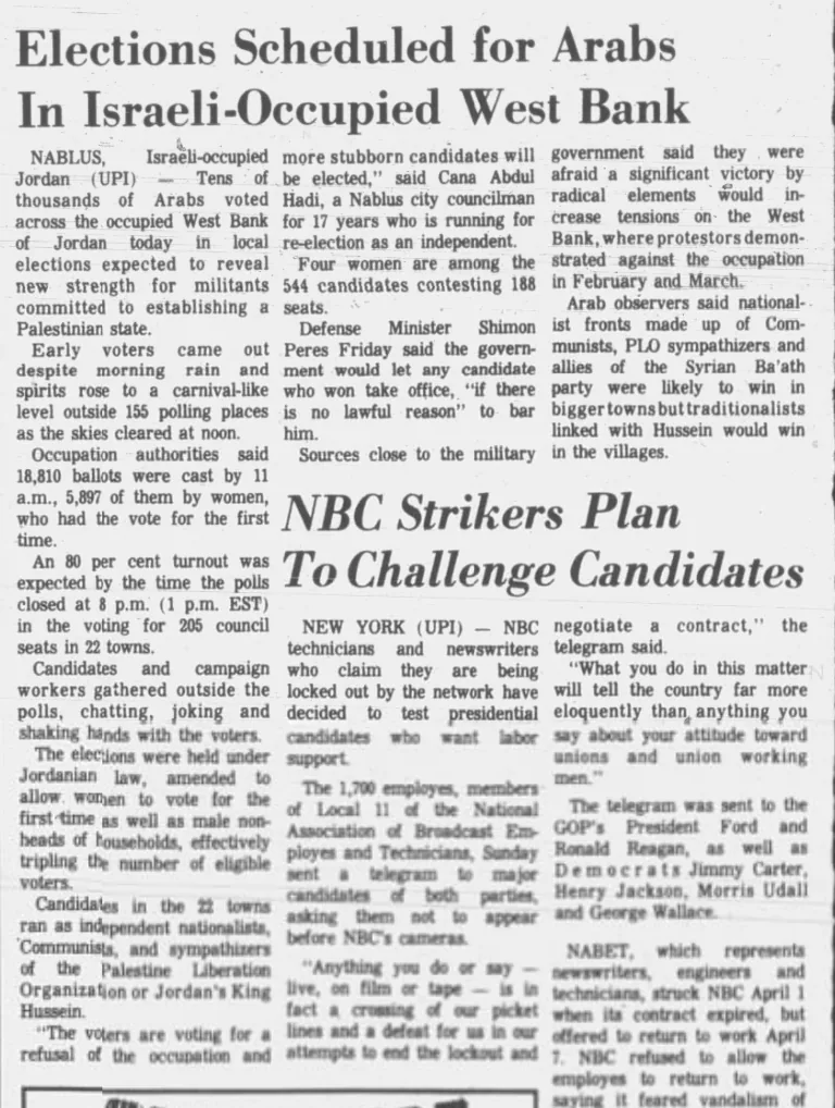 Elections Scheduled for Arabs In Israeli-Occupied West Bank &mdash; Brattleboro Reformer, 12 April 1976