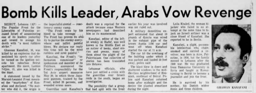 Bomb Kills Leader, Arabs Vow Revenge — Democrat and Chronicle, 9 July 1972