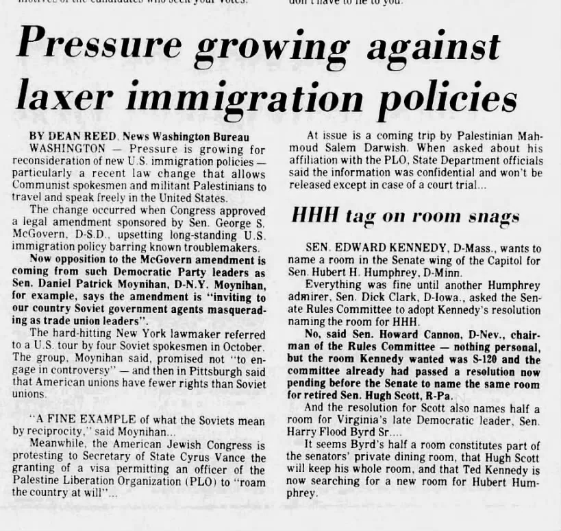 Pressure growing against laxer immigration policies — The Birmingham News, 6 November 1977