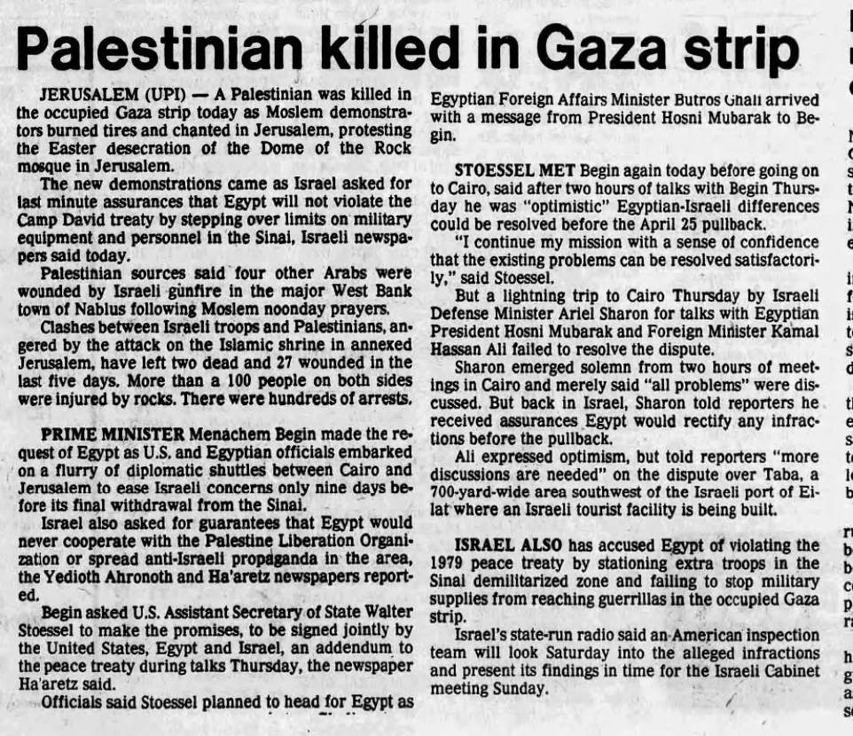Palestinian killed in Gaza strip &mdash; The Flint Journal, 16 April 1982