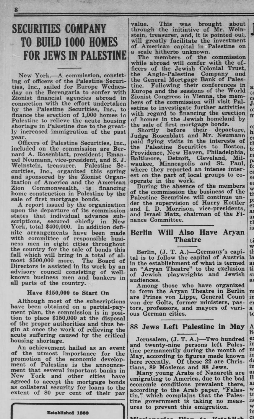 88 Jews Left Palestine in May &mdash; The Wisconsin Jewish Chronicle, 7 August 1925