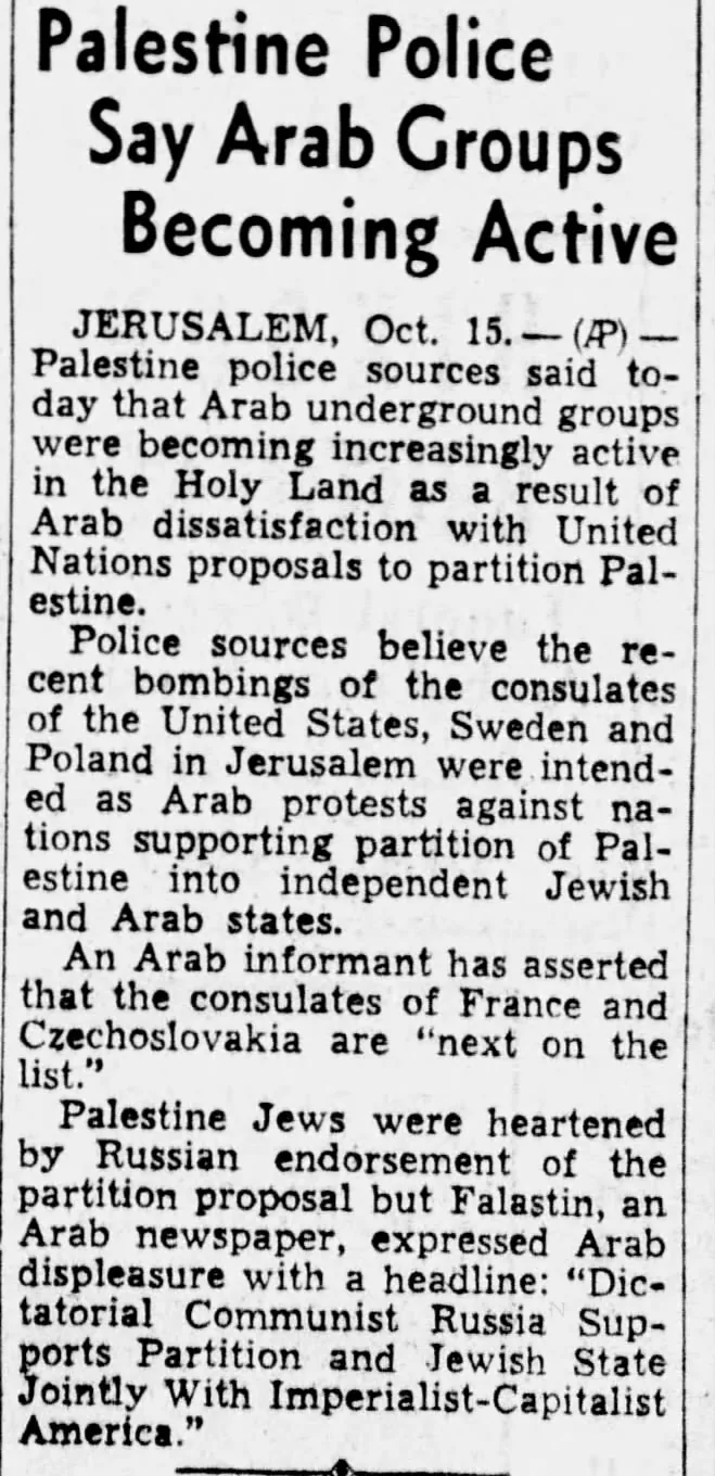 Palestine Police Say Arab Groups Becoming Active &mdash; The Town Talk, 15 October 1947