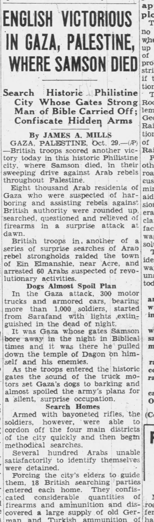 ENGLISH VICTORIOUS IN GAZA, PALESTINE, WHERE SAMSON DIED &mdash; Wichita Eagle, 30 October 1938