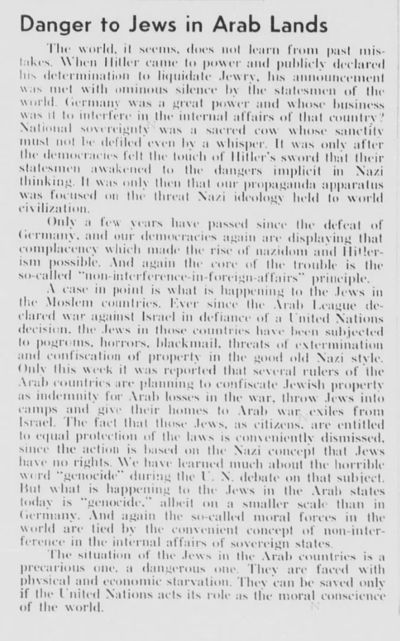 Danger to Jews in Arab Lands — Wisconsin Jewish Chronicle, 6 August 1948