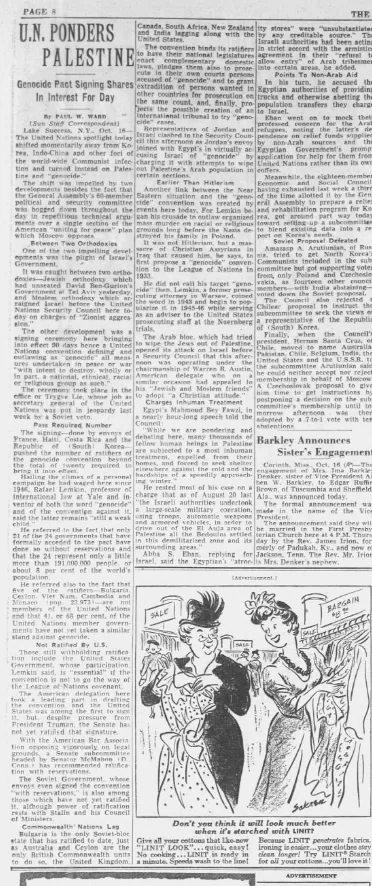 U.N. Ponders Palestine; Genocide Pact Signing Shares In Interest For Day — The Baltimore Sun, 17 October 1950