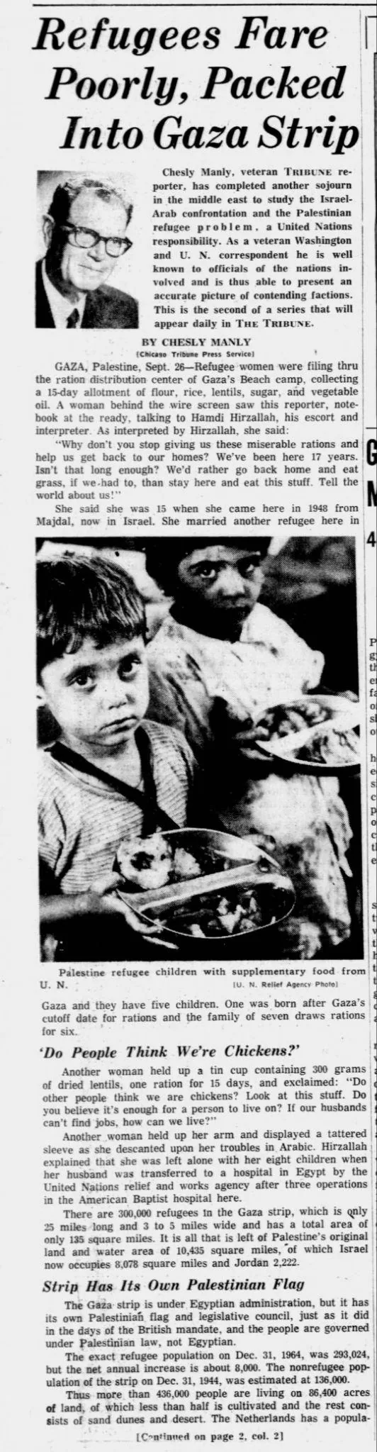 Refugees Fare Poorly, Packed Into Gaza Strip &mdash; Chicago Tribune, 27 September 1965