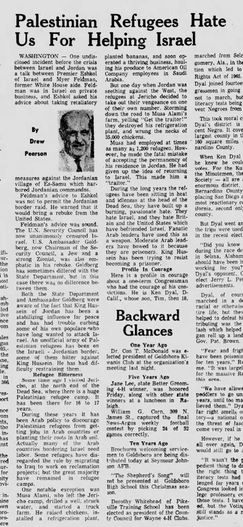 Palestinian Refugees Hate Us For Helping Israel &mdash; Goldsboro News-Argus, 29 November 1966