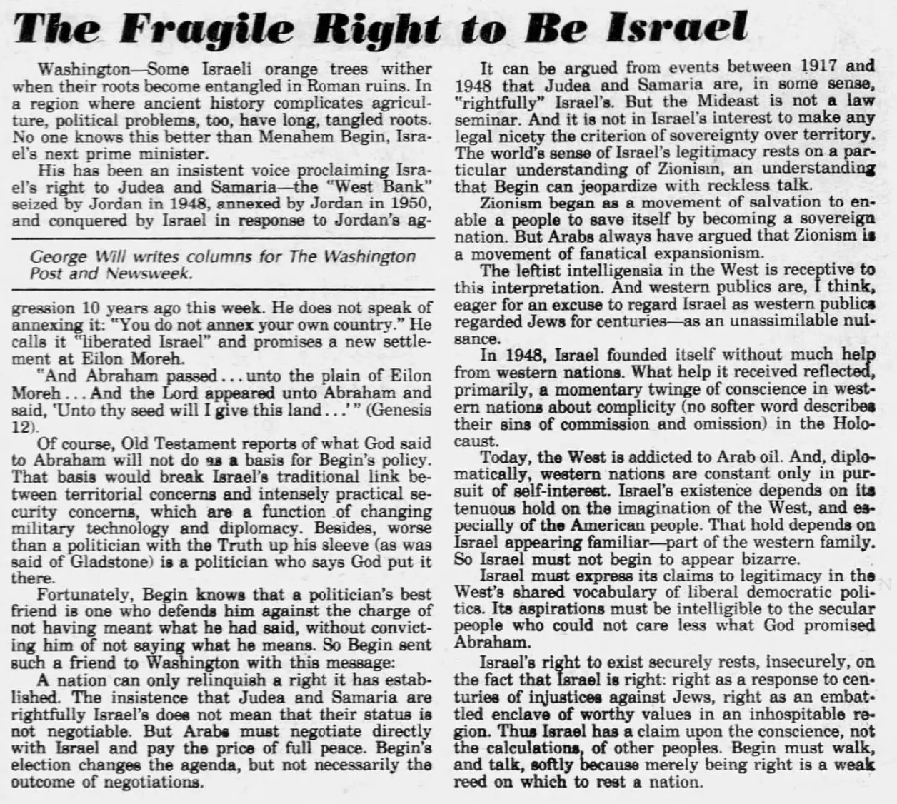 The Fragile Right to Be Israel &mdash; Newsday, 6 June 1977