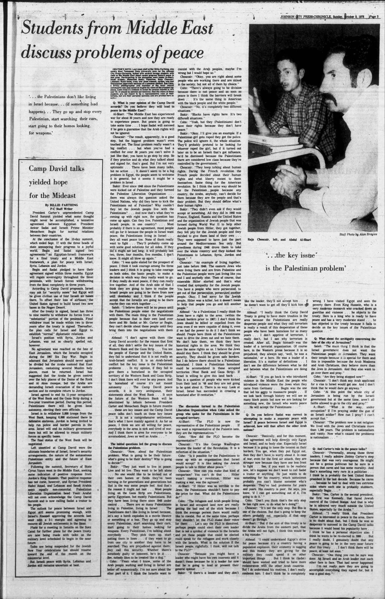 Students from Middle East discuss problems of peace &mdash; Johnson City Press-Chronicle, 8 October 1978