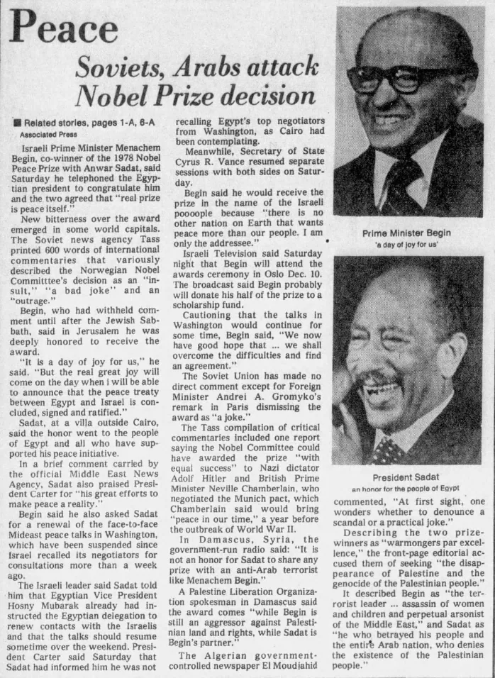 Soviets, Arabs attack Nobel Prize decision — Wilmington Morning Star, 29 October 1978