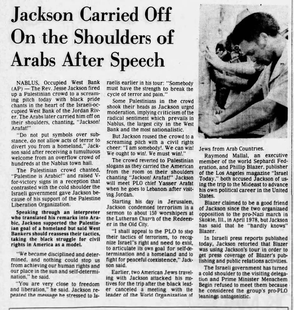Jackson Carried Off On the Shoulders of Arabs After Speech &mdash; The Grand Rapids Press, 26 September 1979
