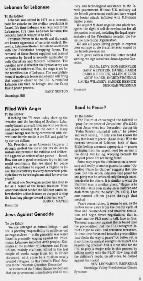 Jews Against Genocide — The Post-Standard, 29 June 1982