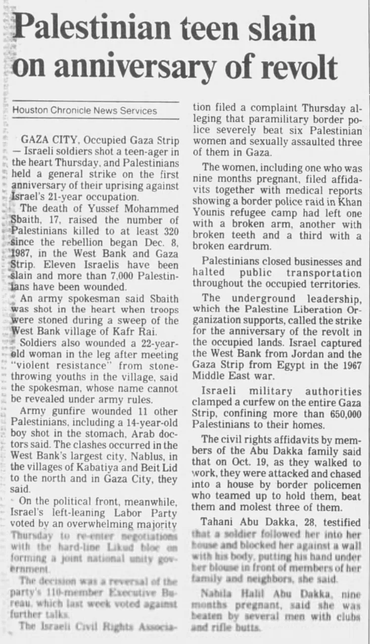 Palestinian teen slain on anniversary of revolt &mdash; Houston Chronicle, 9 December 1988