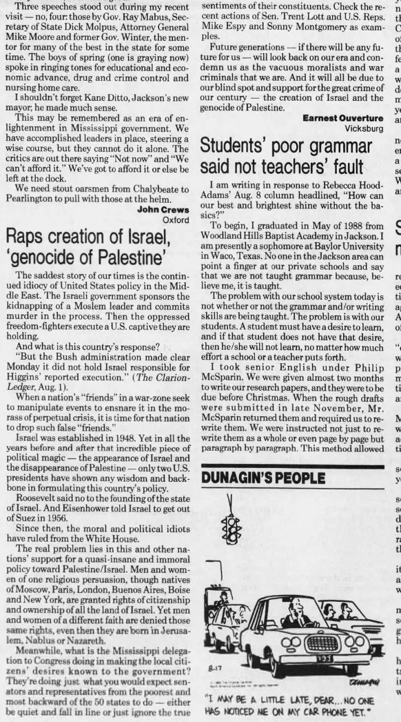 Raps creation of Israel, 'genocide of Palestine' — Clarion-Ledger, 17 August 1989