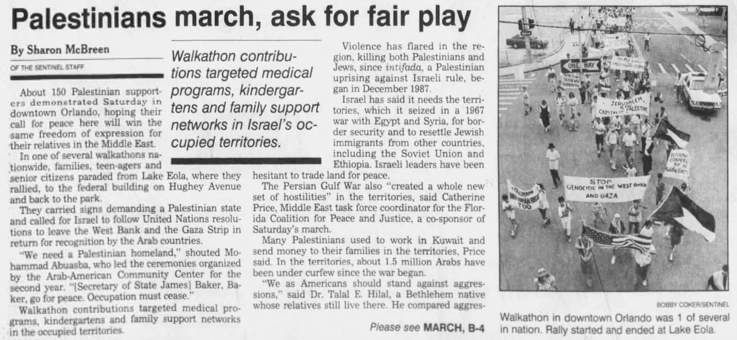 Palestinians march, ask for fair play — The Orlando Sentinel, 9 June 1991