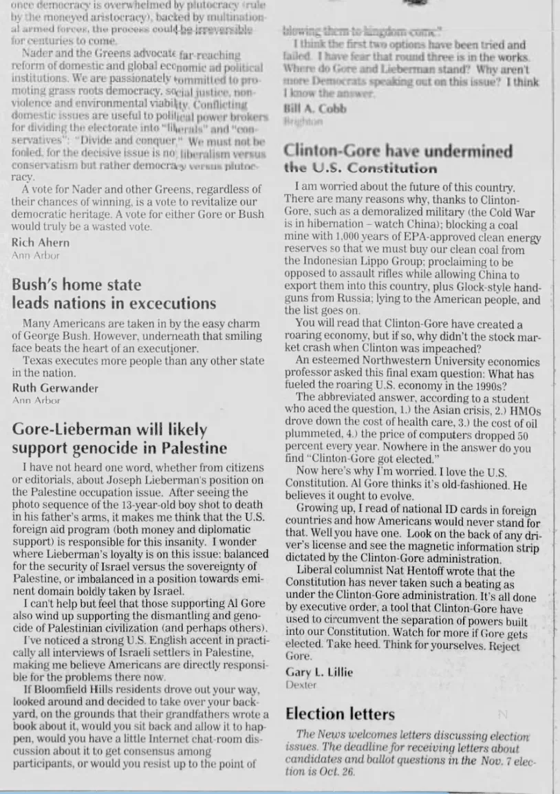 Gore-Lieberman will likely support genocide in Palestine — Ann Arbor News, 22 October 2000