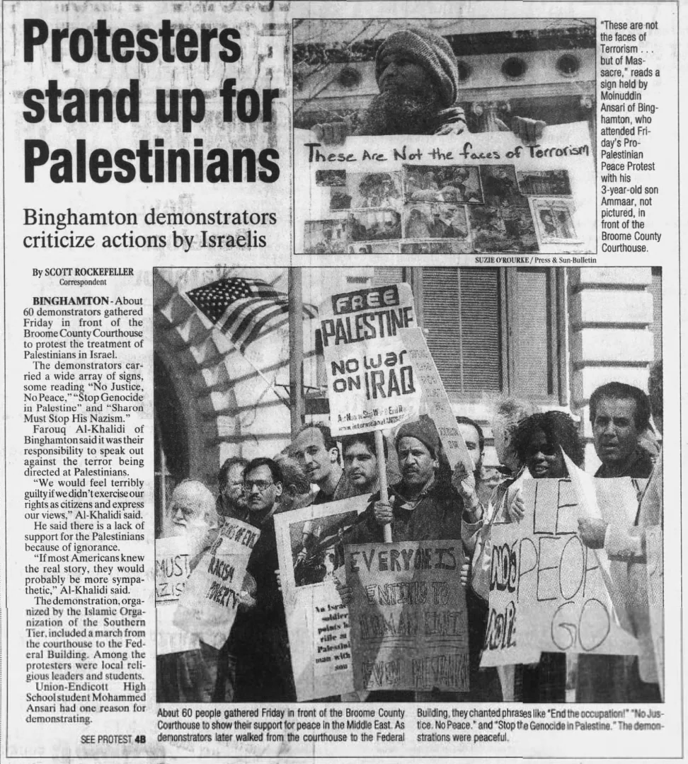 Protesters stand up for Palestinians — Press & Sun-Bulletin, 27 April 2002