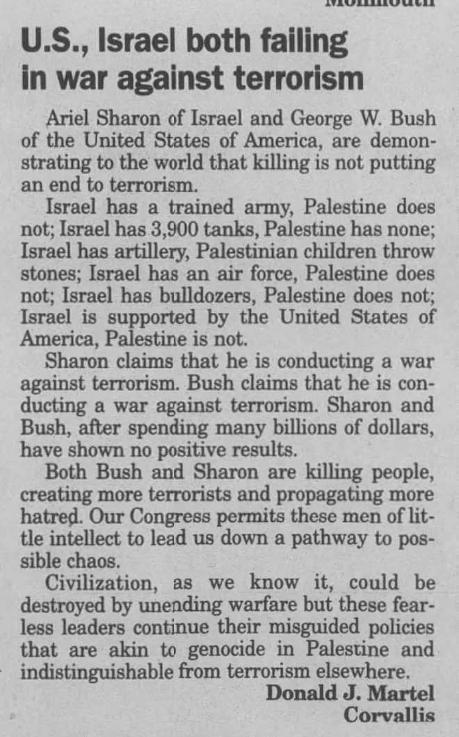 U.S., Israel both failing in war against terrorism — Corvallis Gazette-Times, 21 April 2002