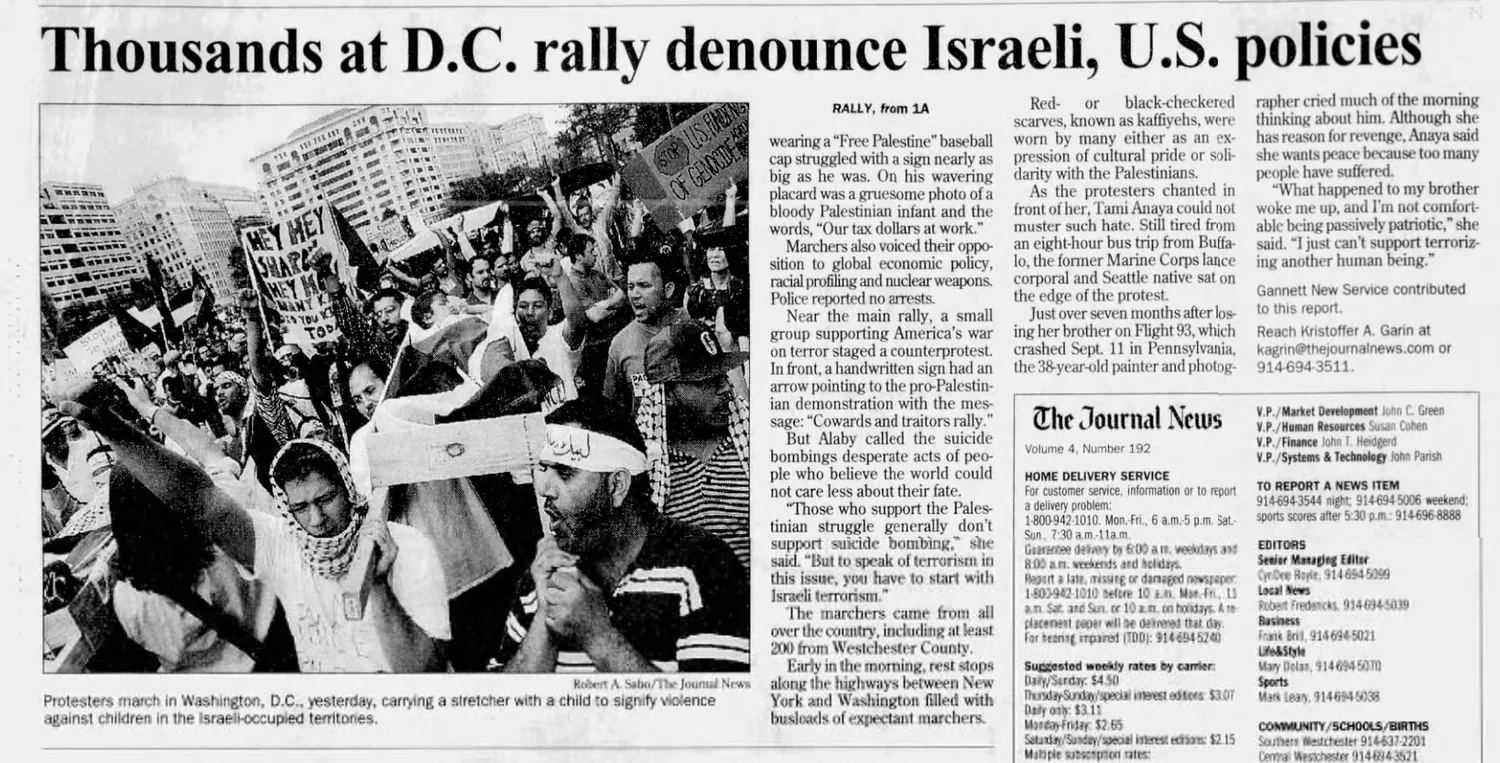 Thousands at D.C. rally denounce Israeli, U.S. policies — The Journal News, 21 April 2002