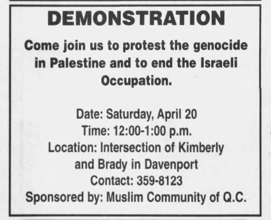 Demonstration — Quad City Times, 20 April 2002