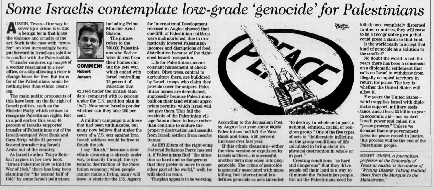 Some Israelis contemplate low-grade 'genocide' for Palestinians — The Free Lance-Star, 2 February 2003