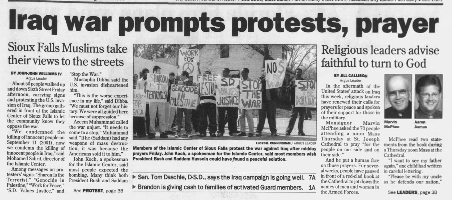Iraq war prompts protests, prayer — Argus Leader, 22 March 2003