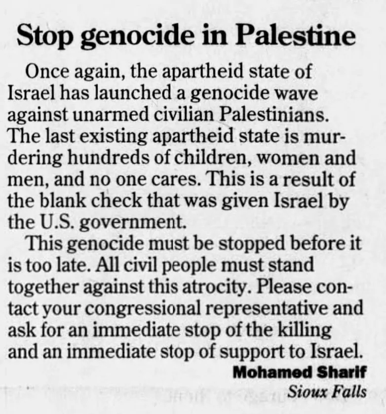 Stop genocide in Palestine — Argus Leader, 1 January 2009