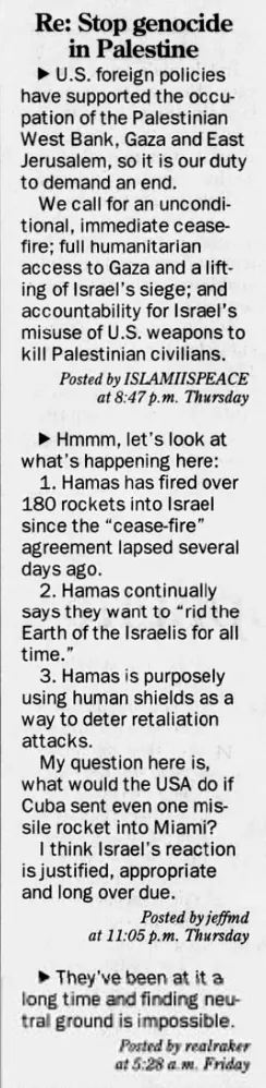 Re: Stop genocide in Palestine — Argus Leader, 3 January 2009