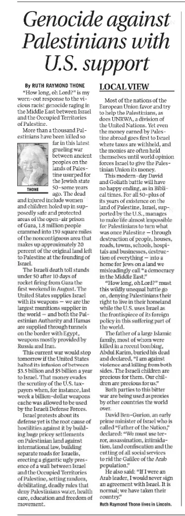Genocide against Palestinians with U.S. support — Lincoln Journal Star, 8 August 2014