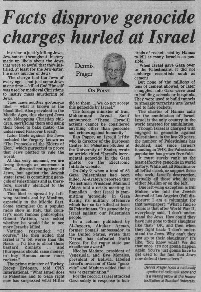 Facts disprove genocide charges hurled at Israel — Johnson City Press, 2 August 2014