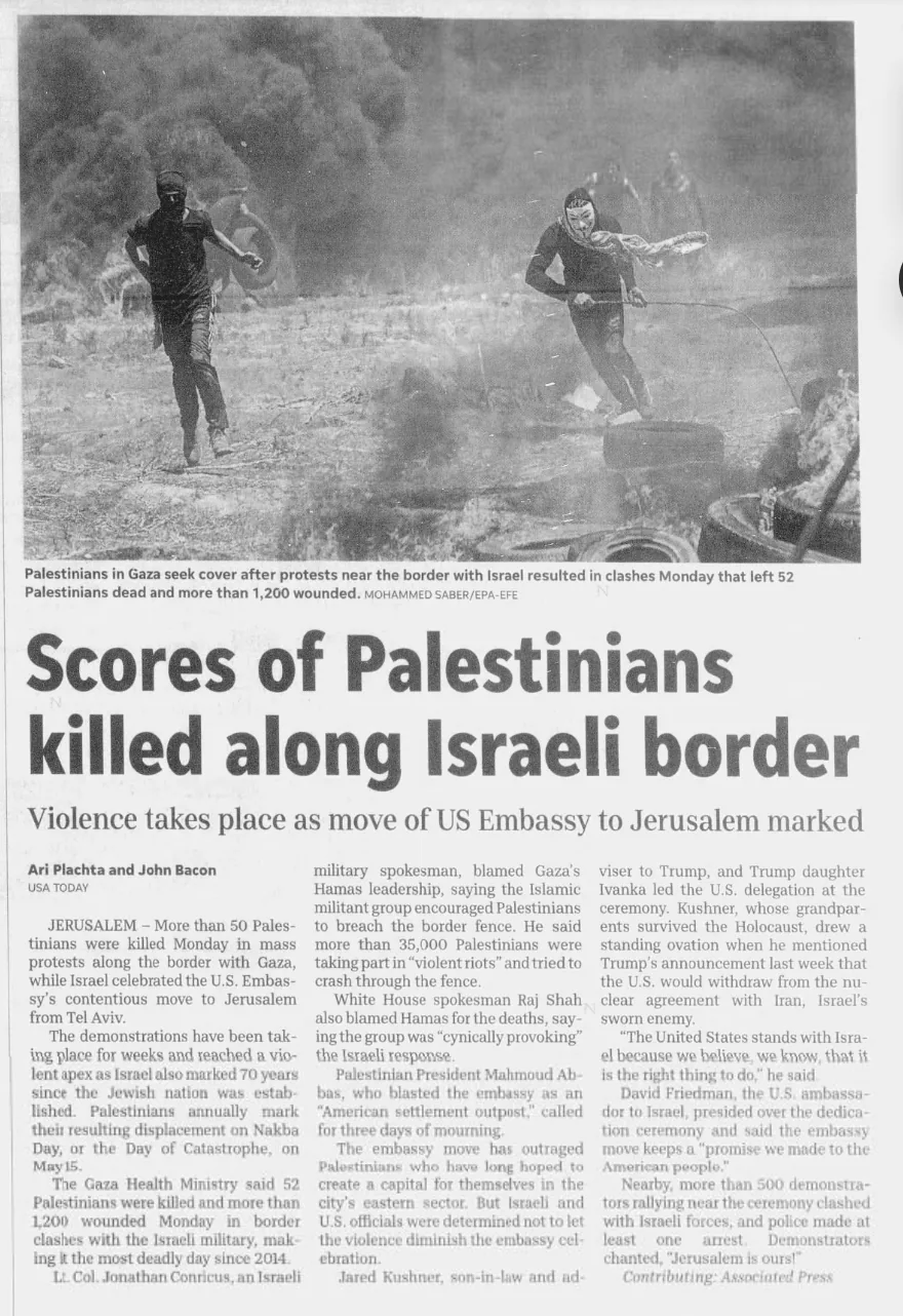 Scores of Palestinians killed along Israeli border &mdash; The Stuart News, 15 May 2018