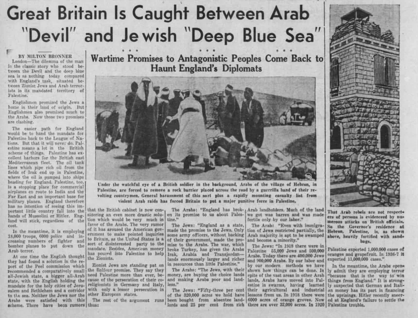 Great Britain Is Caught Between Arab “Devil” and Jewish “Deep Blue Sea” &mdash; The Daily Tribune, 5 November 1938