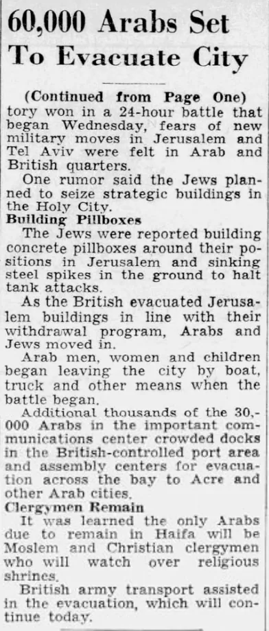 60,000 Arabs Set To Evacuate City — The Idaho Statesman, 23 April 1948