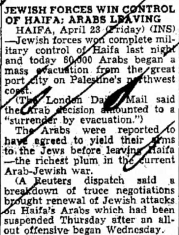 Jewish Forces Win Control of Haifa; Arabs Leaving — Lubbock Avalanche-Journal, 23 April 1948