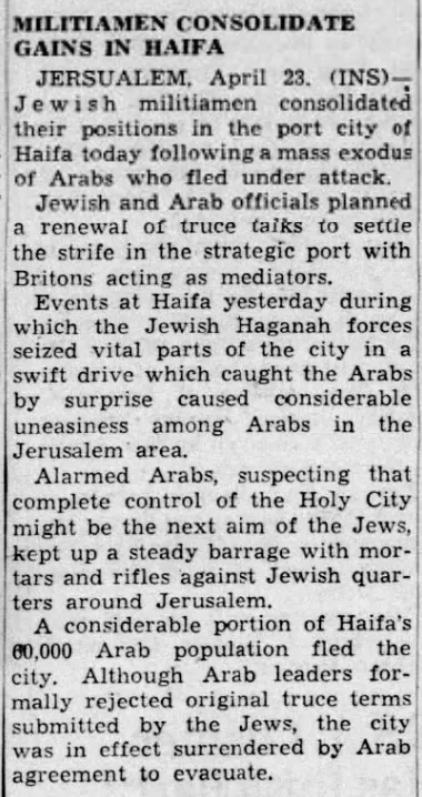 Militiamen Consolidate Gains in Haifa — Pasadena Star-News, 23 April 1948