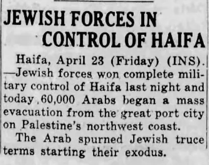 Jewish Forces In Control of Haifa — The Patriot-News, 23 April 1948