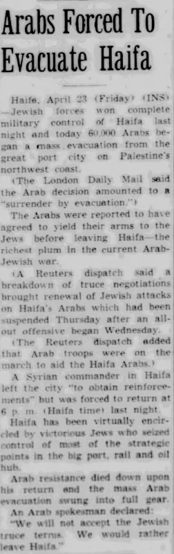 Arabs Forced To Evacuate Haifa — The State Journal-Register, 23 April 1948