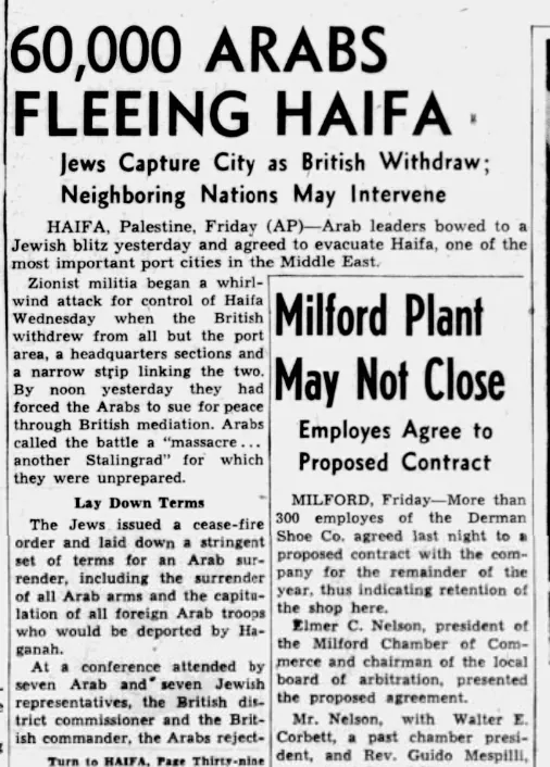 60,000 Arabs Fleeing Haifa — Worcester Telegram, 23 April 1948