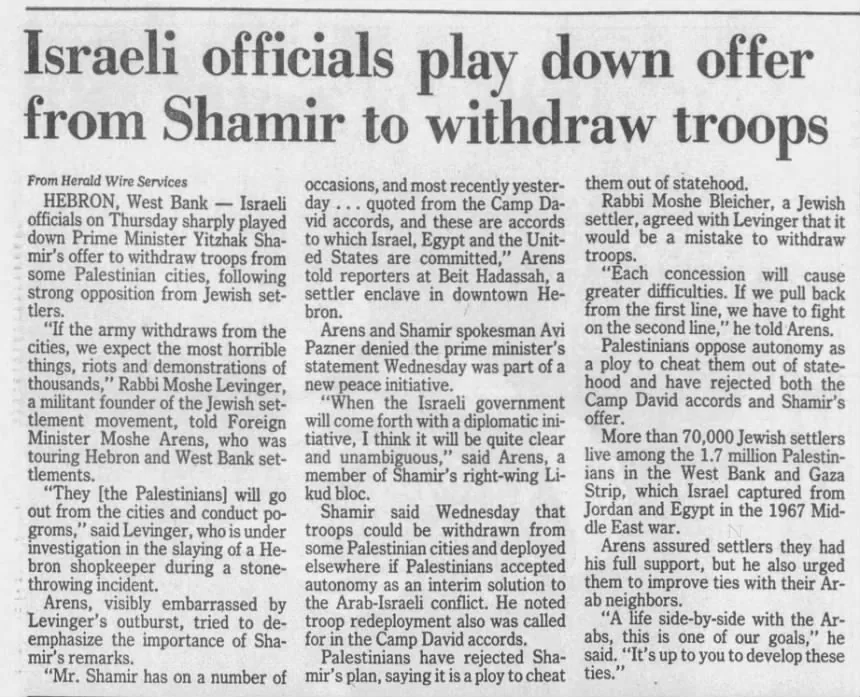 Israeli officials play down offer from Shamir to withdraw troops &mdash; Miami Herald, 3 February 1989