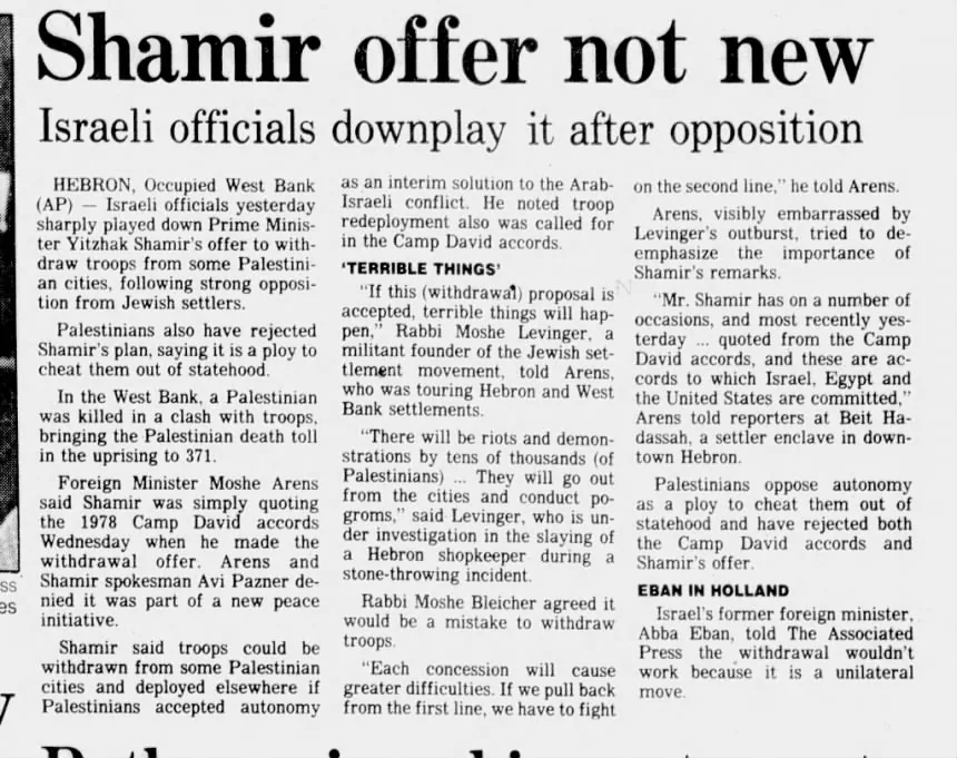 Shamir offer not new &mdash; Worcester Telegram, 3 February 1989
